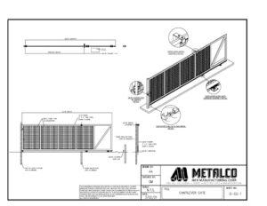 CAD drawing of a cantilever gate emphasizing how it all fits together and necessary dimensions